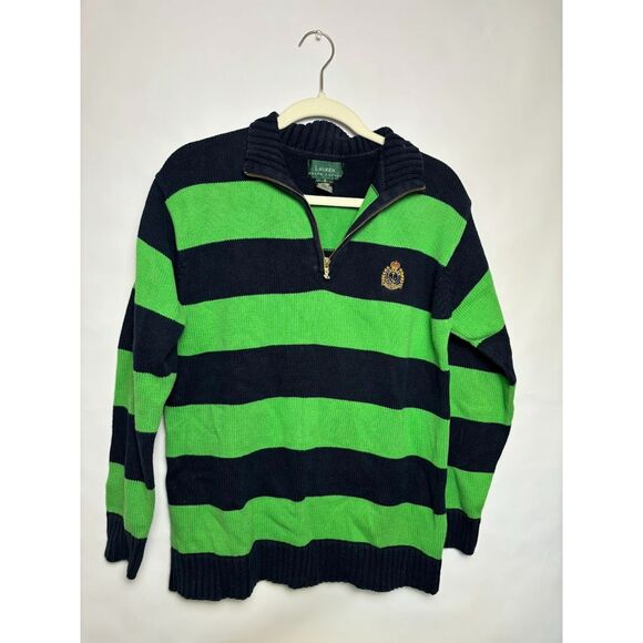 Lauren Ralph Lauren Sweater Women's Small Green Navy Stripe Quarter Zip Crest - Picture 2 of 4